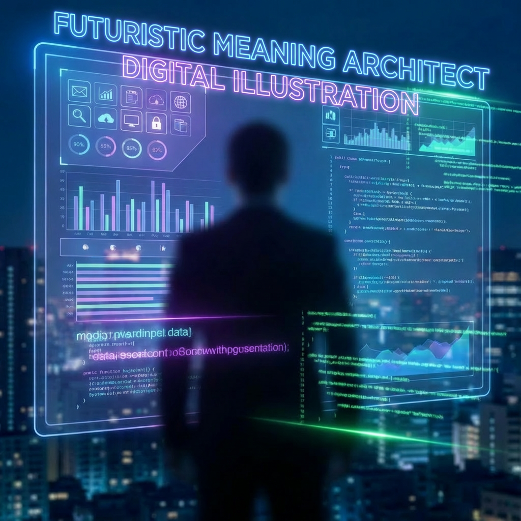 Silhouette of a person interacting with a futuristic holographic data interface over a city skyline.