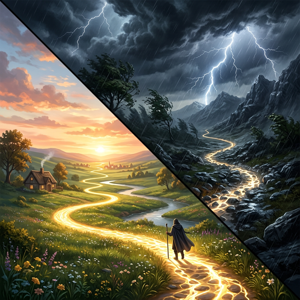 Traveler on glowing path between sunny countryside and stormy mountains with lightning
