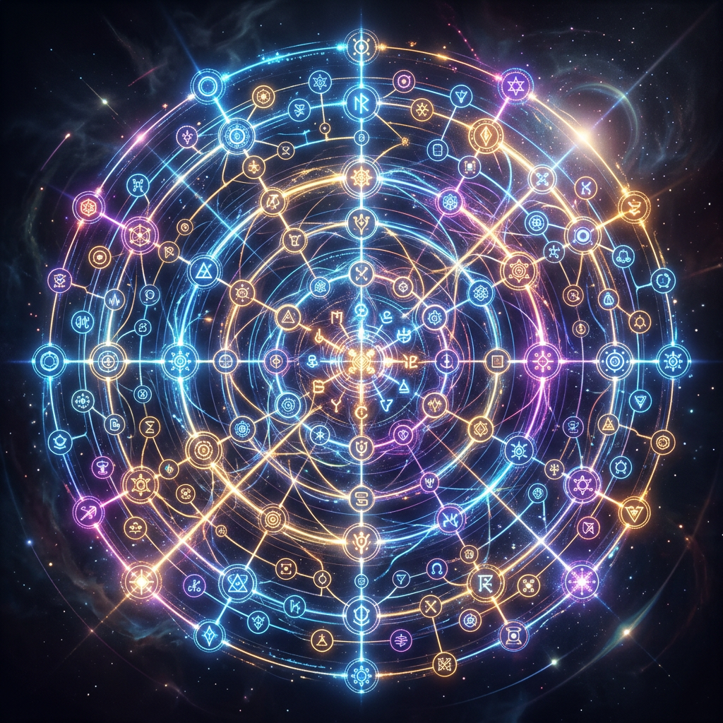 Circular arrangement of glowing mystical symbols connected by luminous lines with a cosmic background