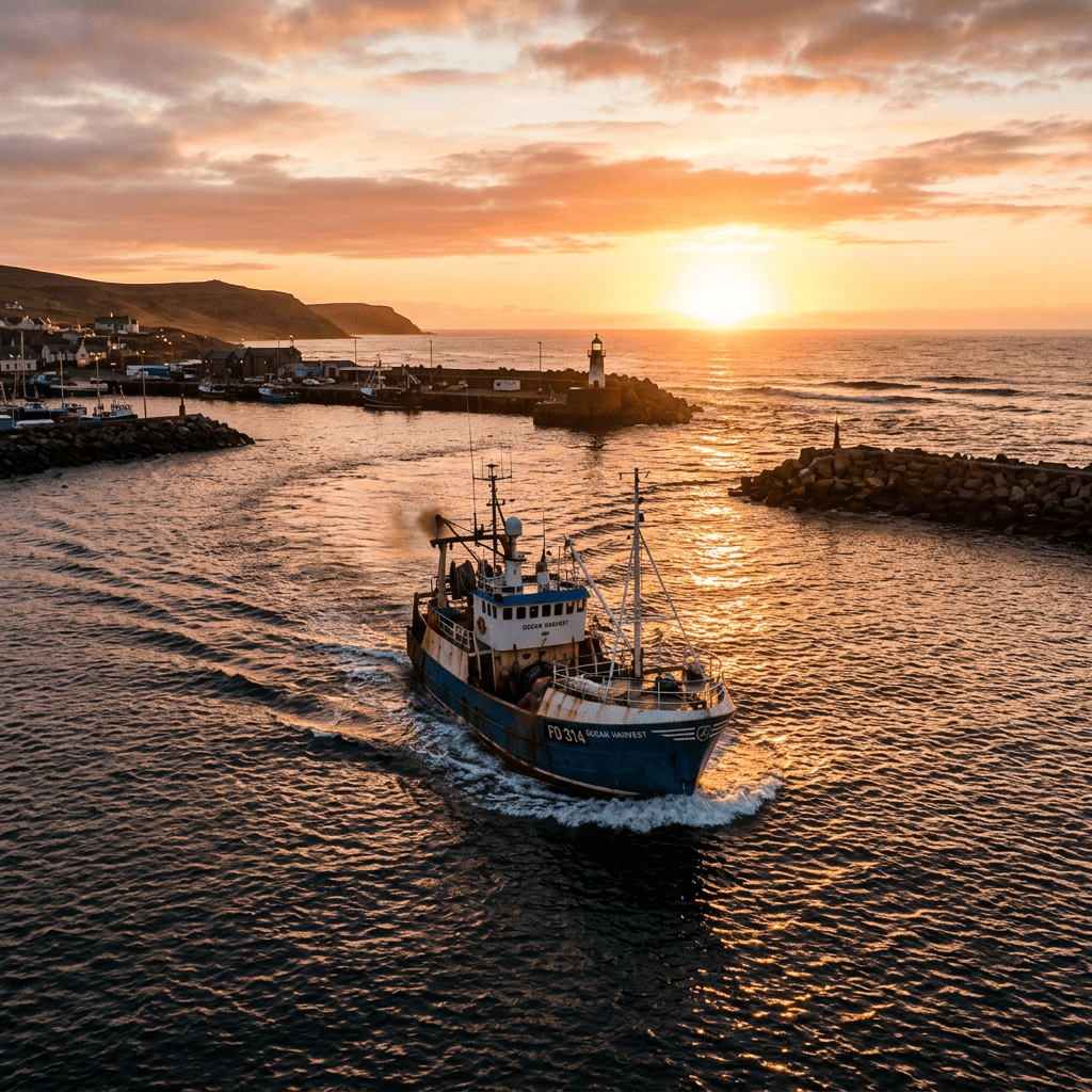 Fishing boat sailing into harbor at sunset with lighthouse and coastline