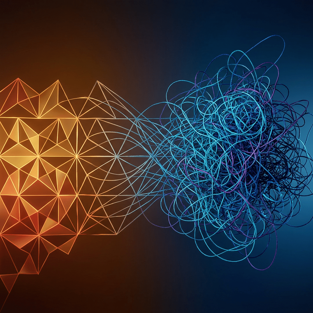 Abstract transition from orderly geometric shapes to complex tangled lines