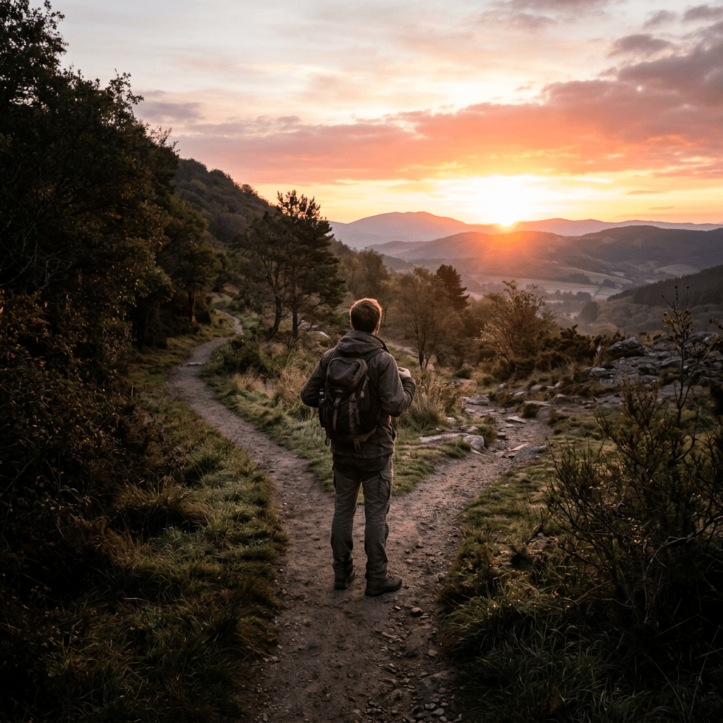 Hiker with backpack standing at a fork in a trail looking at sunset over mountains