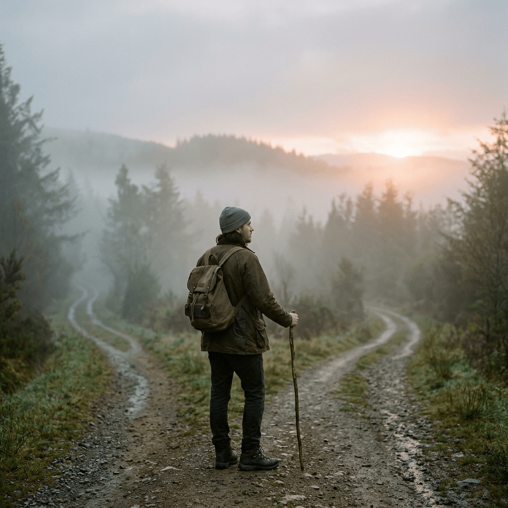 Man with backpack and walking stick standing at fork in forest trail during sunrise