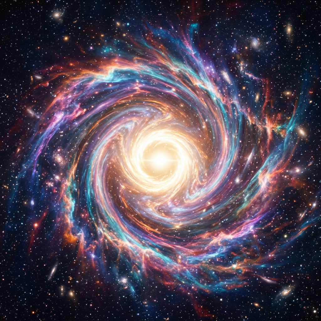 Bright spiral galaxy with swirling colorful gas and many surrounding stars