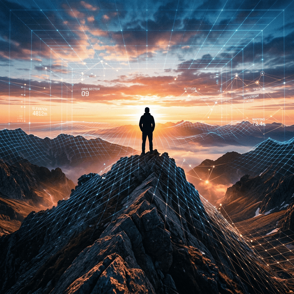 Person standing on rocky mountain peak with digital elevation and mapping data overlays