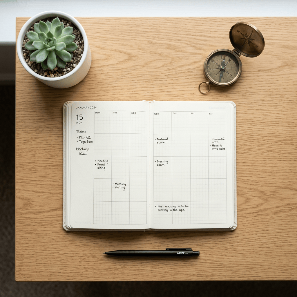 Open weekly planner showing notes for January 15, 2024, black pen, compass, and potted succulent on wooden desk