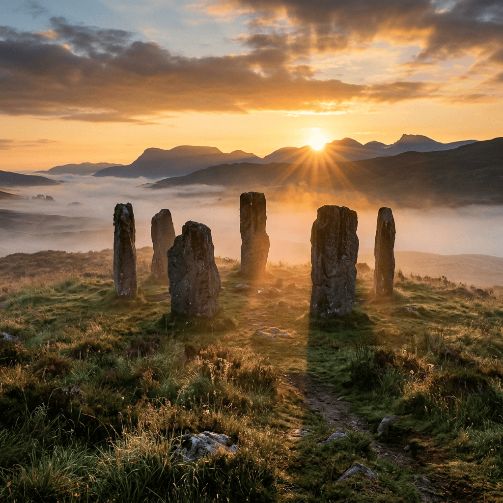 Ancient standing stones arranged in a circle on grassy hill with sunrise and mist