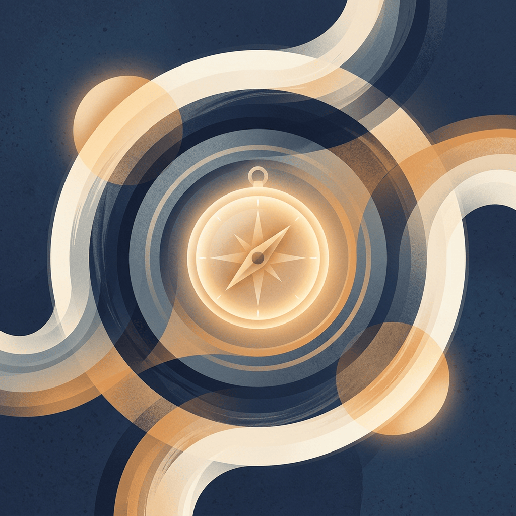 Glowing compass surrounded by sweeping circular bands