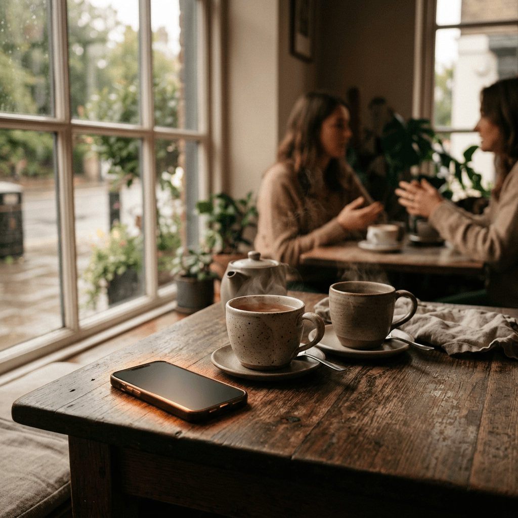 Two people conversing over coffee at a café table