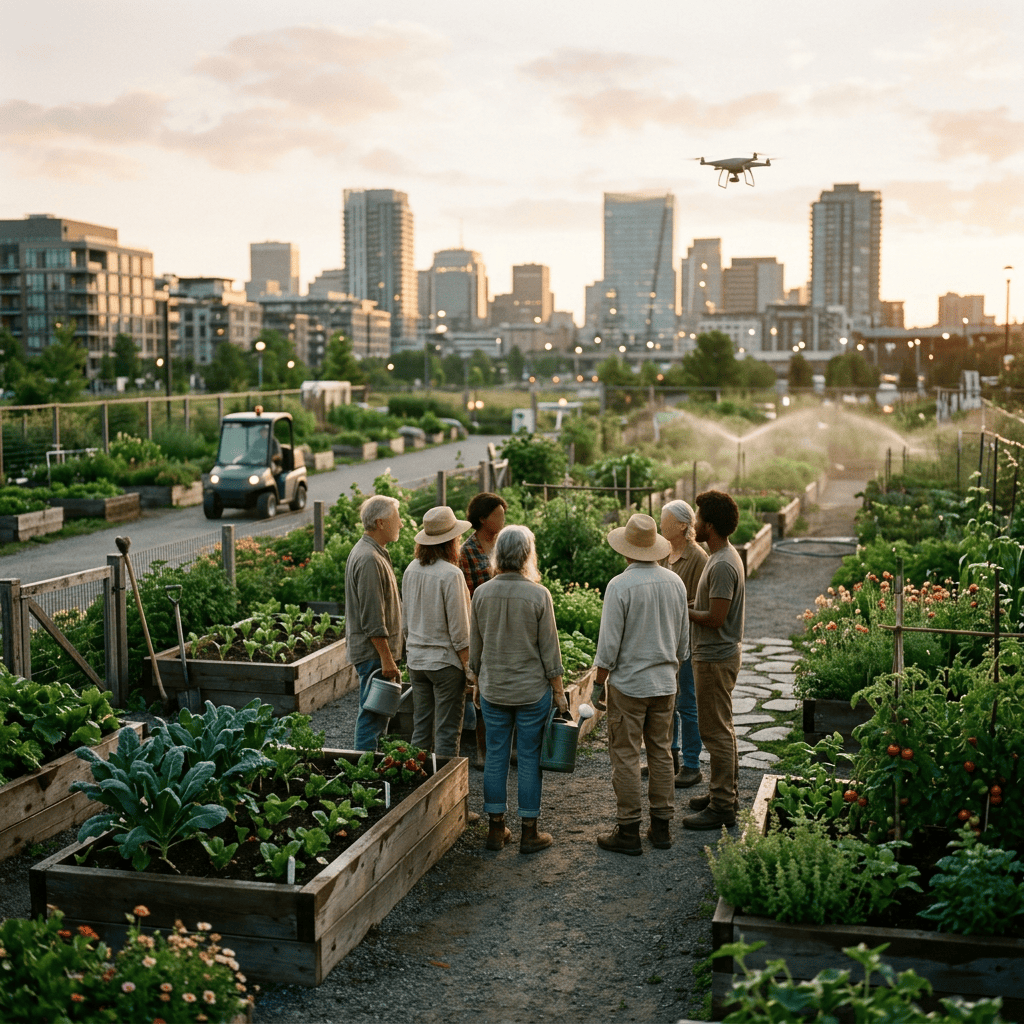 Gardeners gathered in a lush rooftop community garden with city skyline and drone